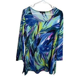 Slinky Brand Blouse Women's XL Watercolor Artsy 3/4 Sleeve Printed Top Shirt